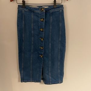 Button down denim midi skirt from Anthropologie brand pilcro.